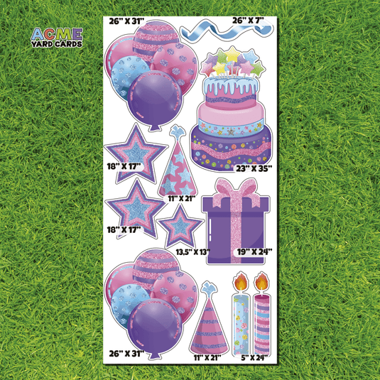 ACME Yard Cards Full Sheet - Birthday - Essentials - Pink, Purple and Aqua Glitter