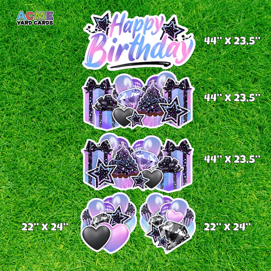 ACME Yard Cards Full Sheet - Birthday - Symmetrical Holographic Confetti - Black, Blue and Pink
