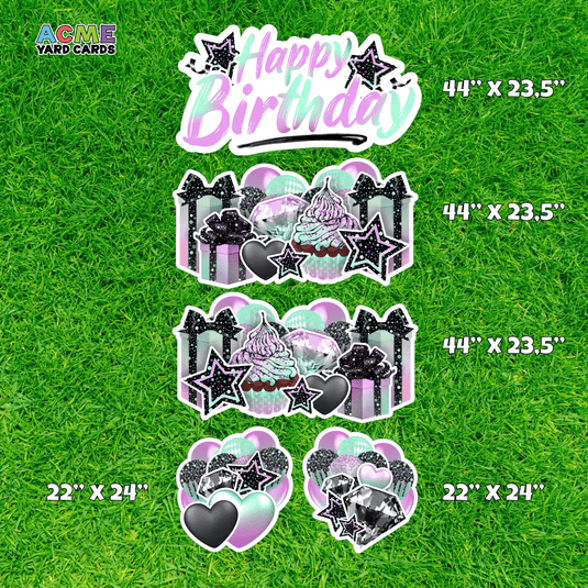 ACME Yard Cards Full Sheet - Birthday - Symmetrical Holographic Confetti - Black, Mint Green and Pink
