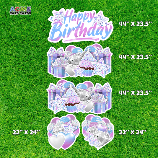 ACME Yard Cards Full Sheet - Birthday - Symmetrical Holographic Confetti - White, Blue and Pink