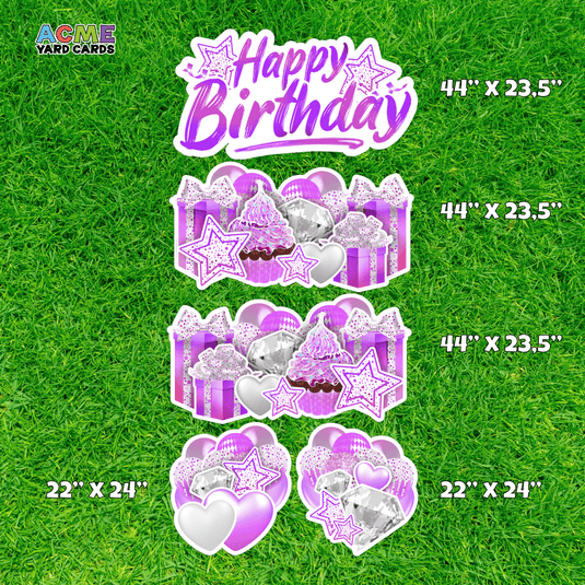 ACME Yard Cards Full Sheet - Birthday - Symmetrical Holographic Confetti - White, Purple and Light Pink