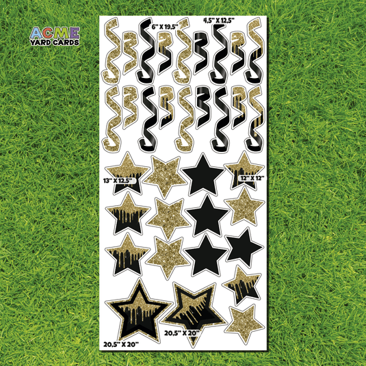 ACME Yard Cards Full Sheet - Flair – Black & Gold Glitter and Solid Stars and Confetti